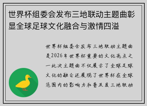 世界杯组委会发布三地联动主题曲彰显全球足球文化融合与激情四溢