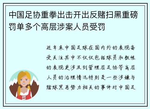 中国足协重拳出击开出反赌扫黑重磅罚单多个高层涉案人员受罚