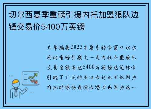 切尔西夏季重磅引援内托加盟狼队边锋交易价5400万英镑